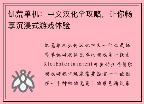 饥荒单机：中文汉化全攻略，让你畅享沉浸式游戏体验
